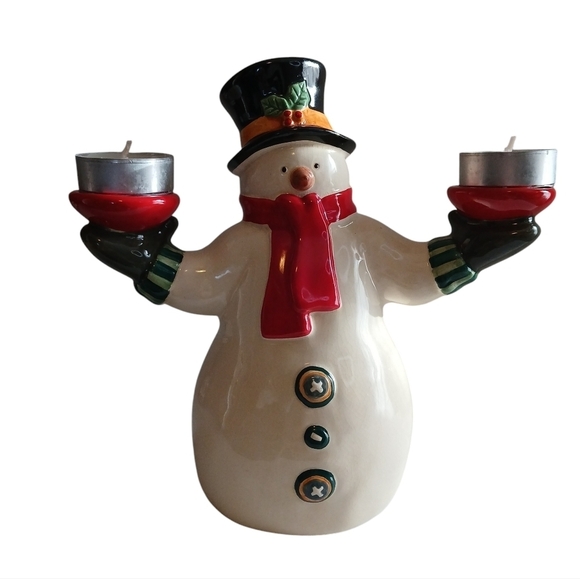 Vintage Russ Berrie Christmas Snowman Double Candle Holder w/ Candles - Picture 2 of 12